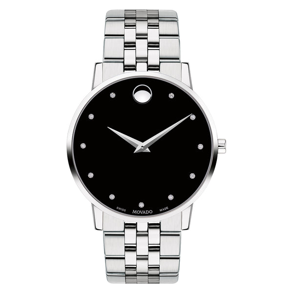 Silver watch with black face on a white background
