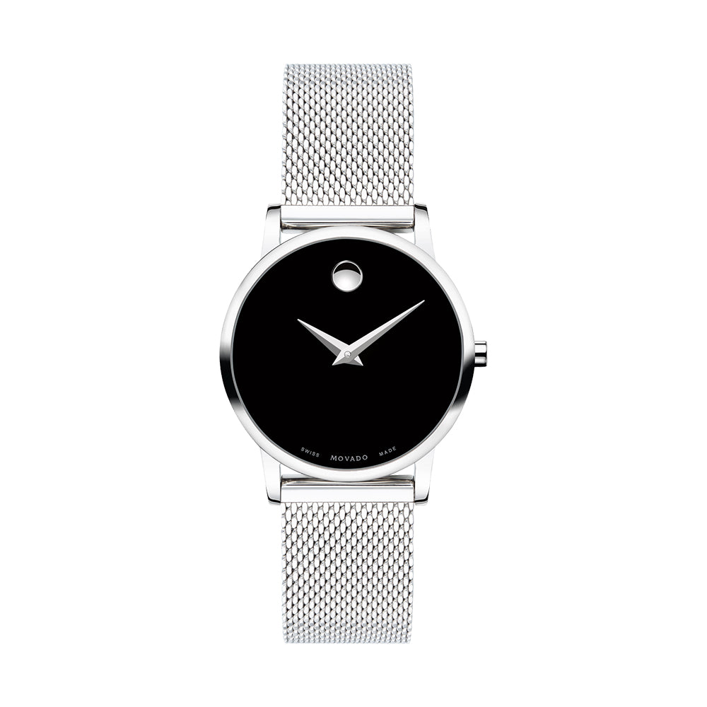 Silver watch with black face on a white background