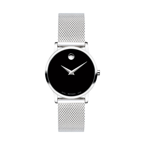 Silver watch with black face on a white background