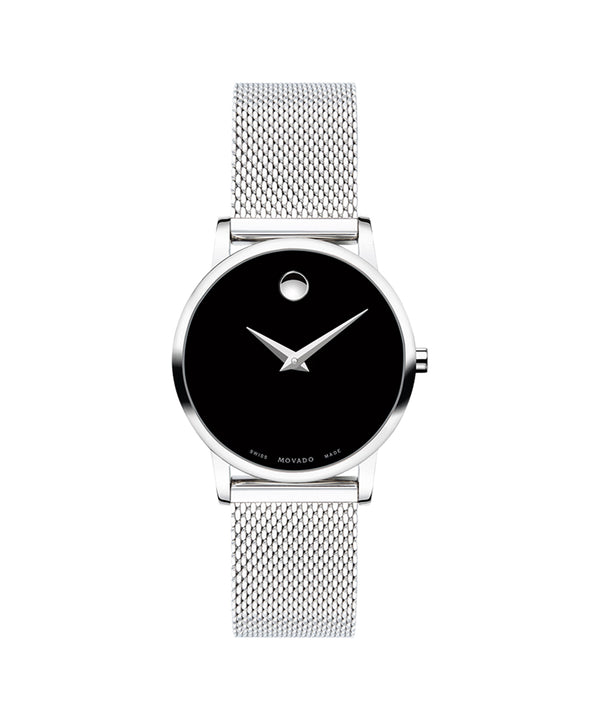 Watch with black face and silver mesh strap on a white background