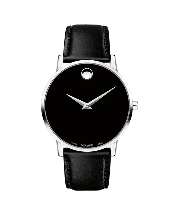Black wristwatch with a silver case on a white background