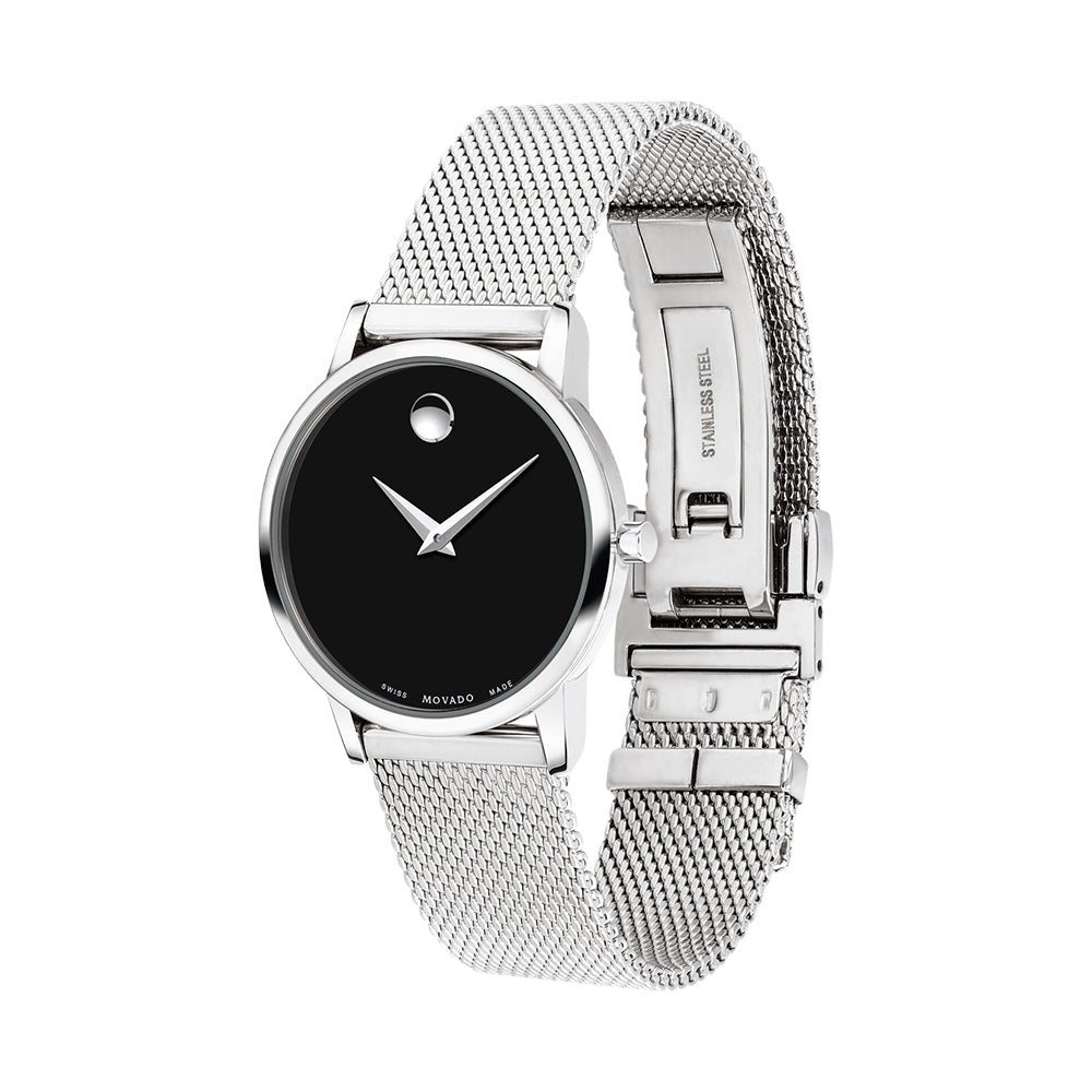 Silver watch with black face on a white background