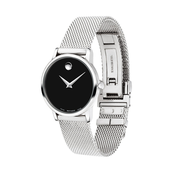 Silver watch with black face on a white background
