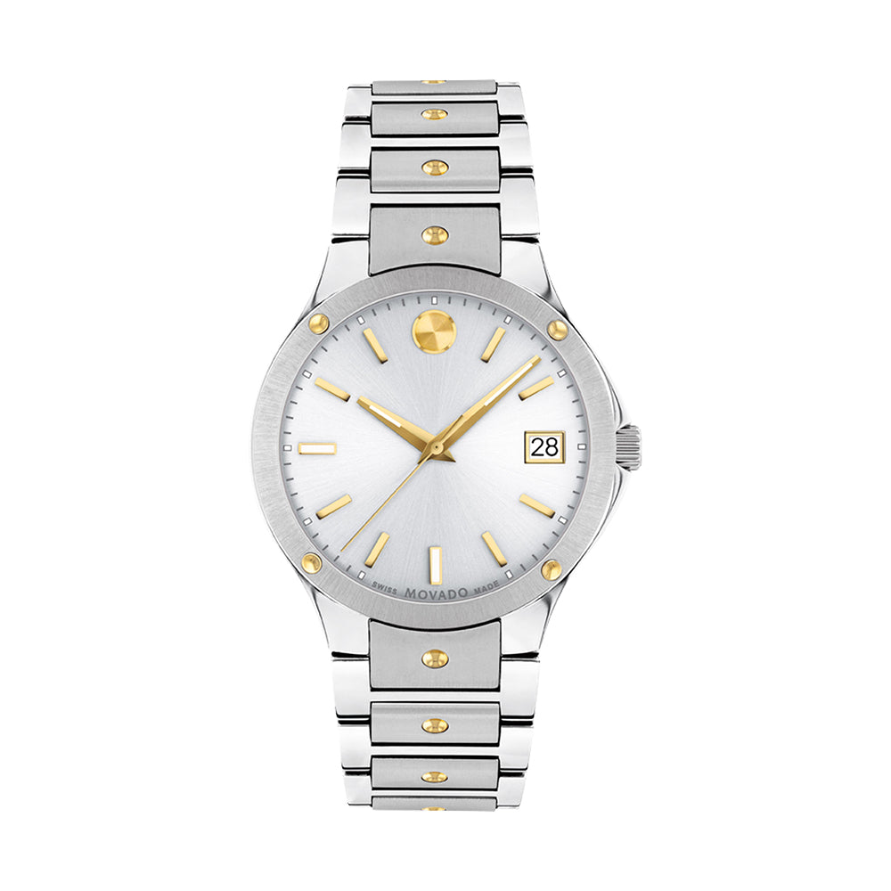 Silver watch with gold accents on a white background