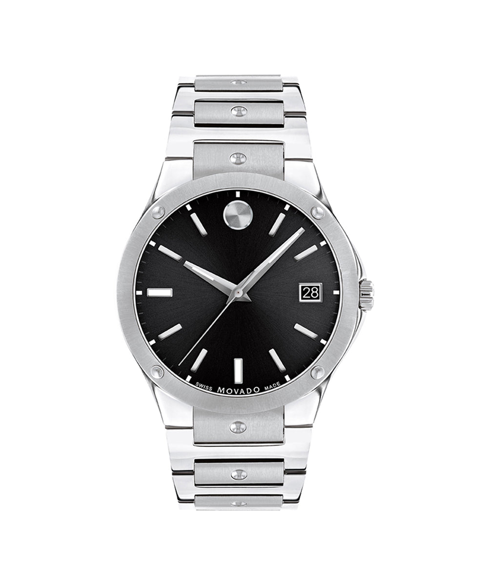 Silver watch with black dial on a white background