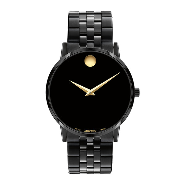 Black wristwatch with gold accents on a white background