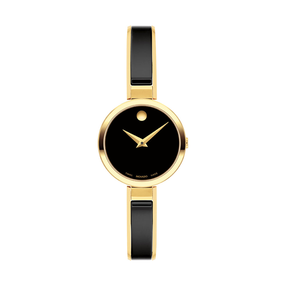 Gold watch with black strap and face on a white background