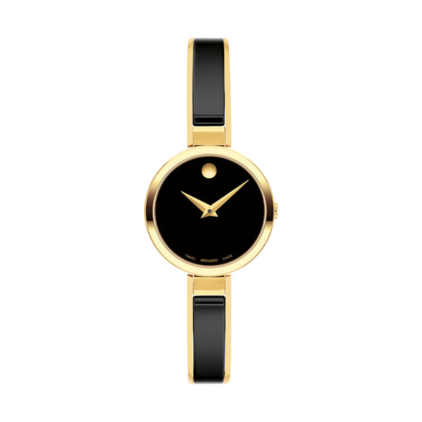 Gold watch with black strap and face on a white background
