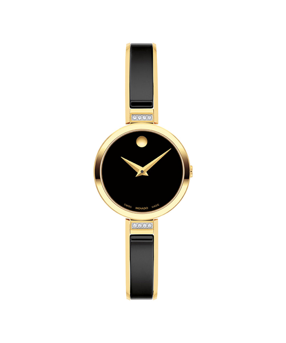 Gold watch with black strap and face on a white background