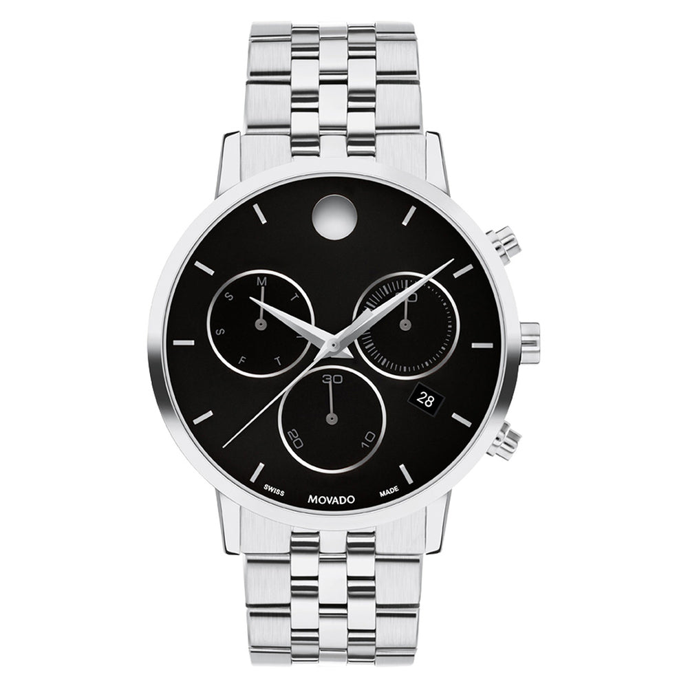 Silver watch with black face on a white background
