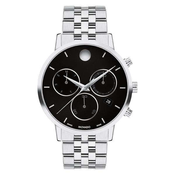 Silver watch with black face on a white background