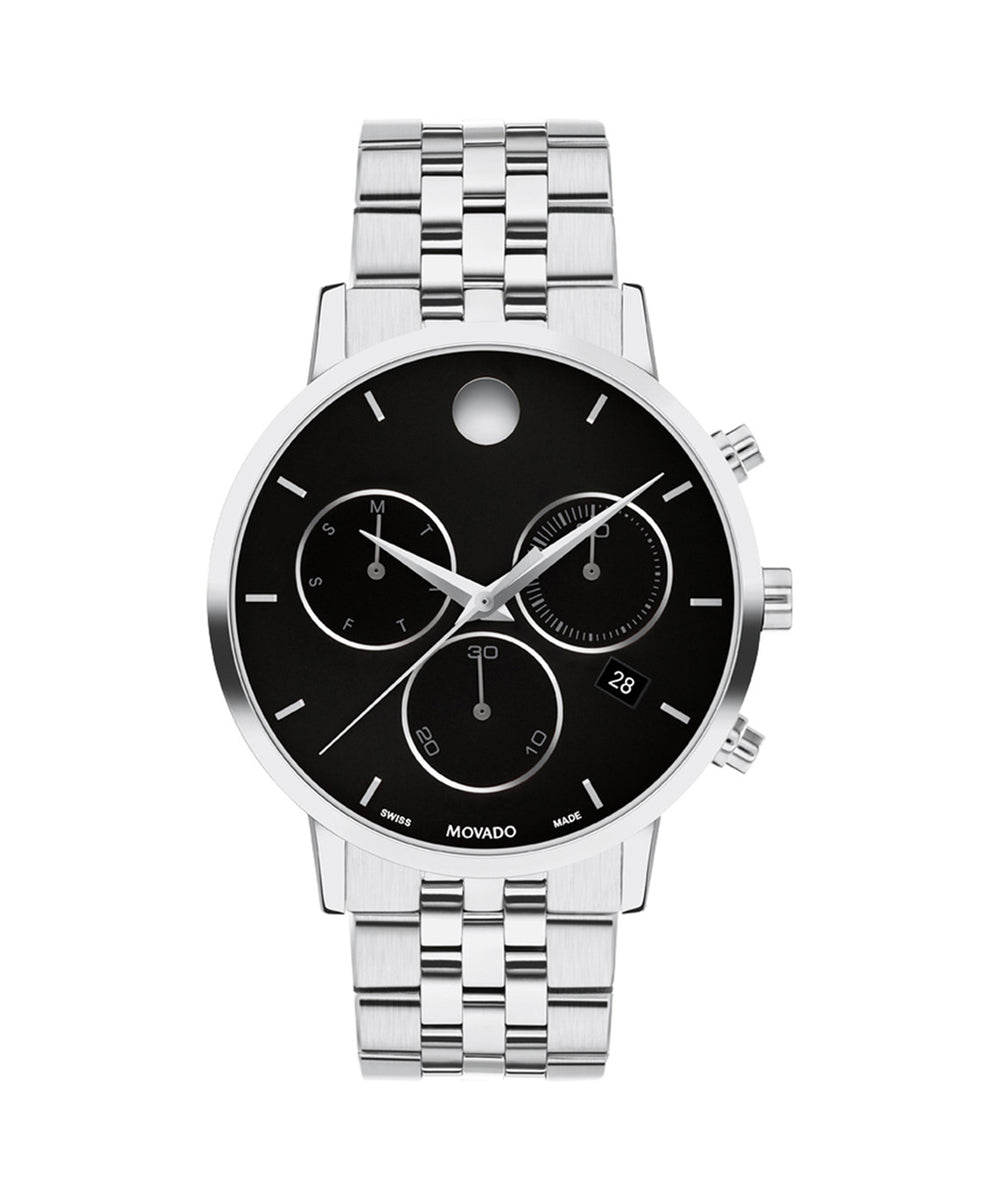 Silver watch with black face on a white background