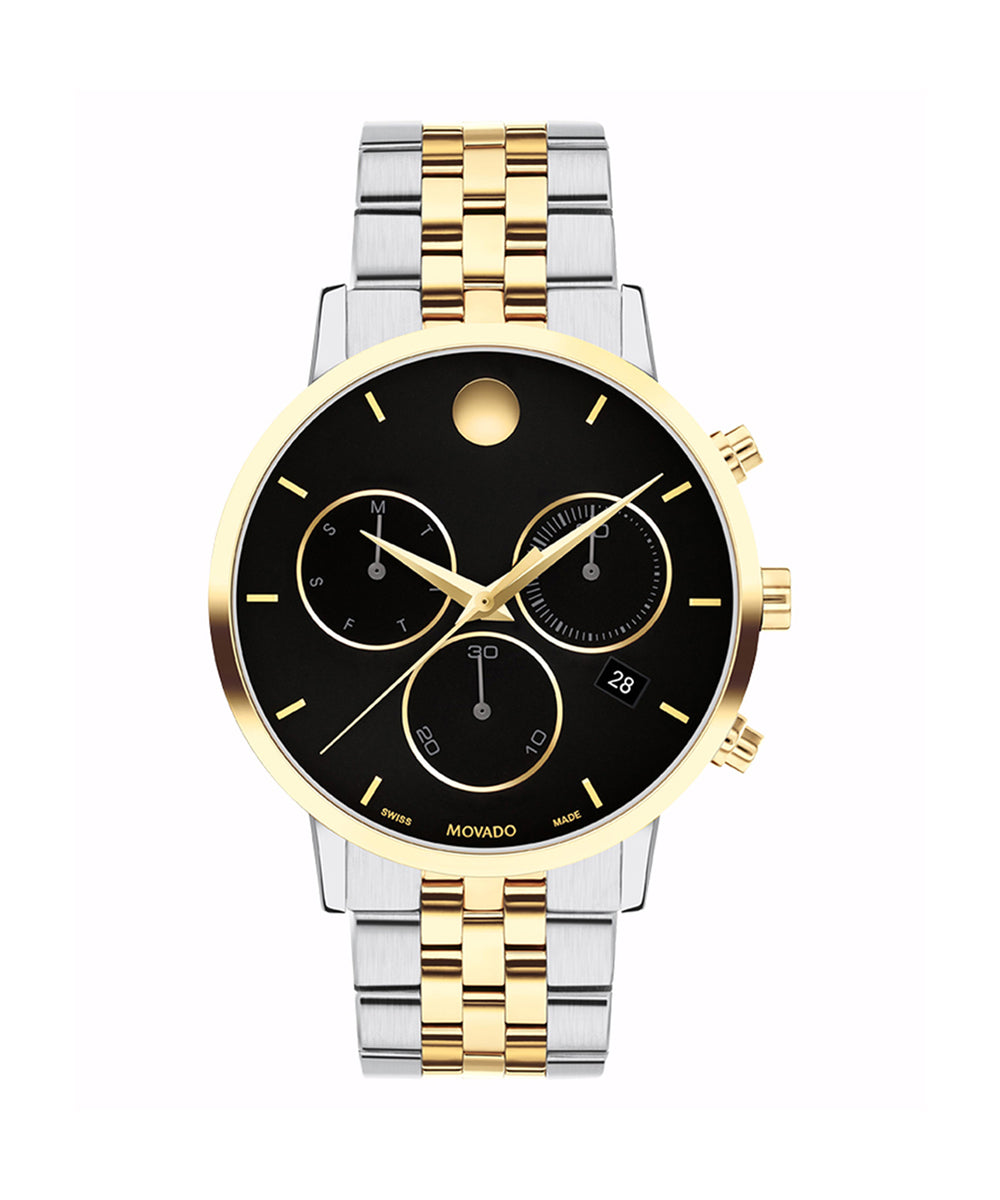 Two-tone watch with gold and silver band on a white background