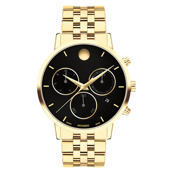 Luxury watch with black dial, gold accents, and two-tone metal strap on a white background