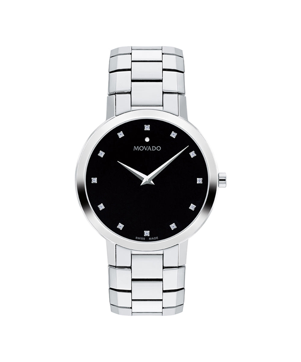 Silver watch with black dial on a white background