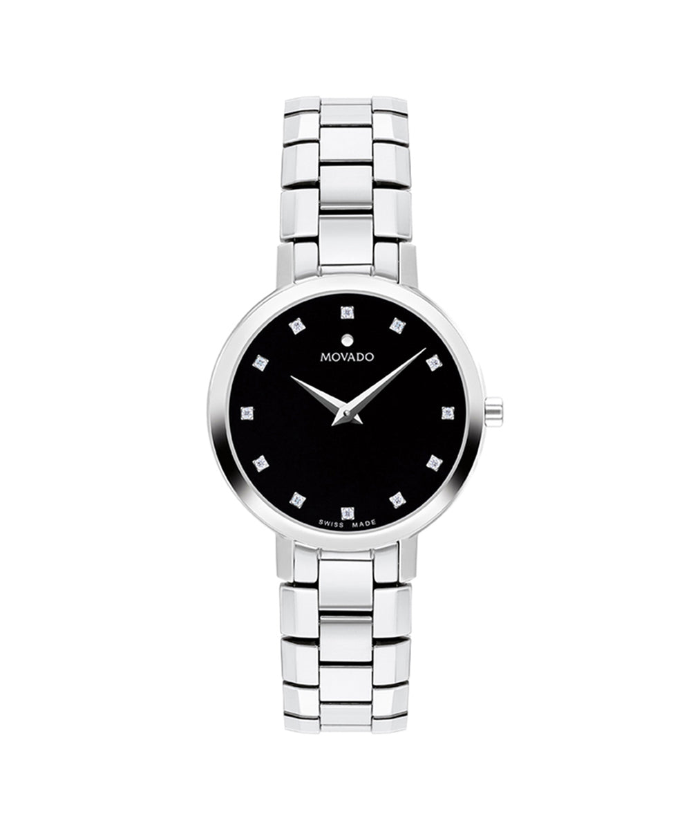Silver watch with black dial on a white background