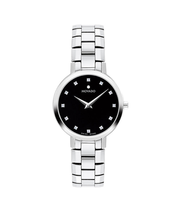 Silver watch with black dial on a white background