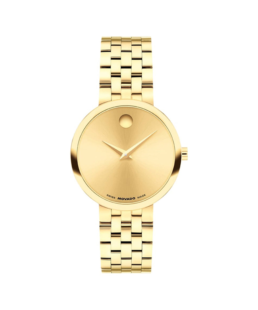 Gold wristwatch with a visible brand logo on a white background