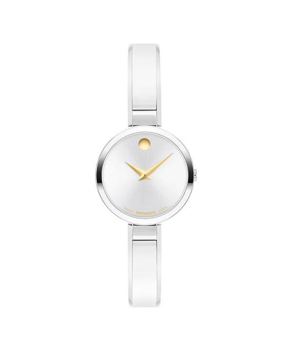 Silver watch with a white face and gold accents on a white background