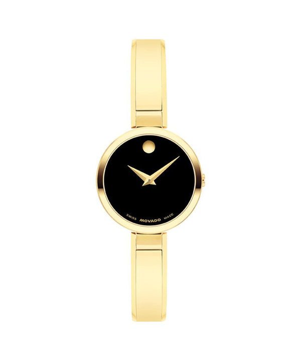 Gold watch with black face on a white background