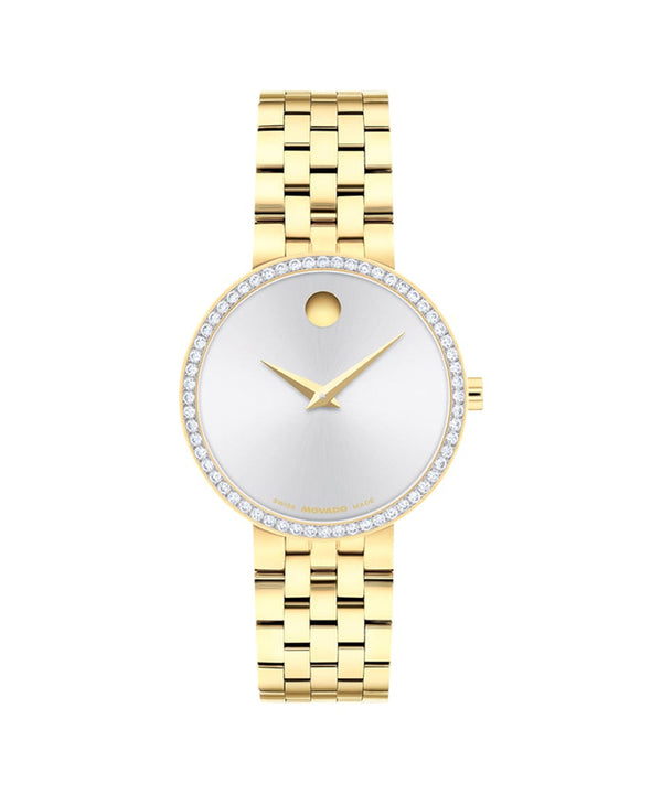 Gold watch with a white face on a white background
