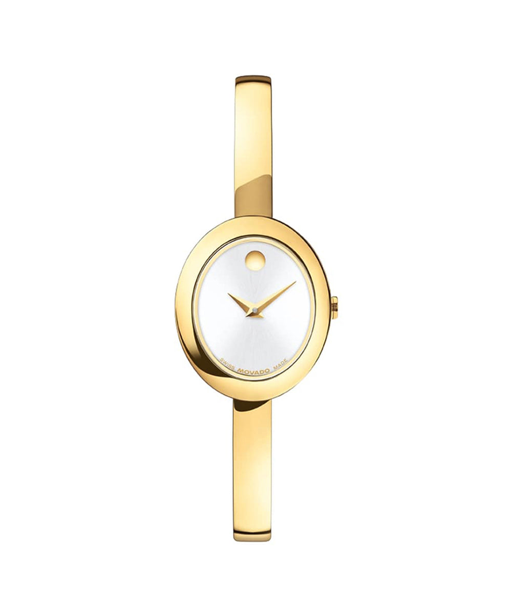 Gold watch with a white face on a white background