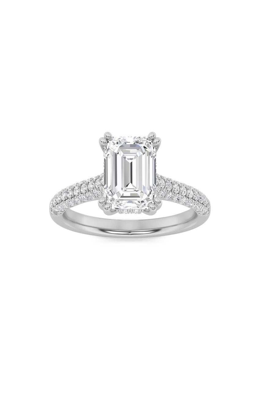 3Cttw Emerald Shaped Lab Grown Diamond (F/VS) Triple Row Accented Engagement Ring in 14K Gold