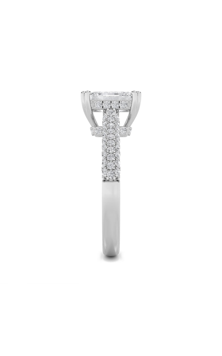 3Cttw Emerald Shaped Lab Grown Diamond (F/VS) Triple Row Accented Engagement Ring in 14K Gold