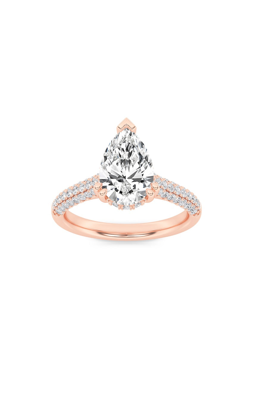 3Cttw Pear Shaped Lab Grown Diamond (F/VS) Triple Row Accented Engagement Ring in 14K Gold