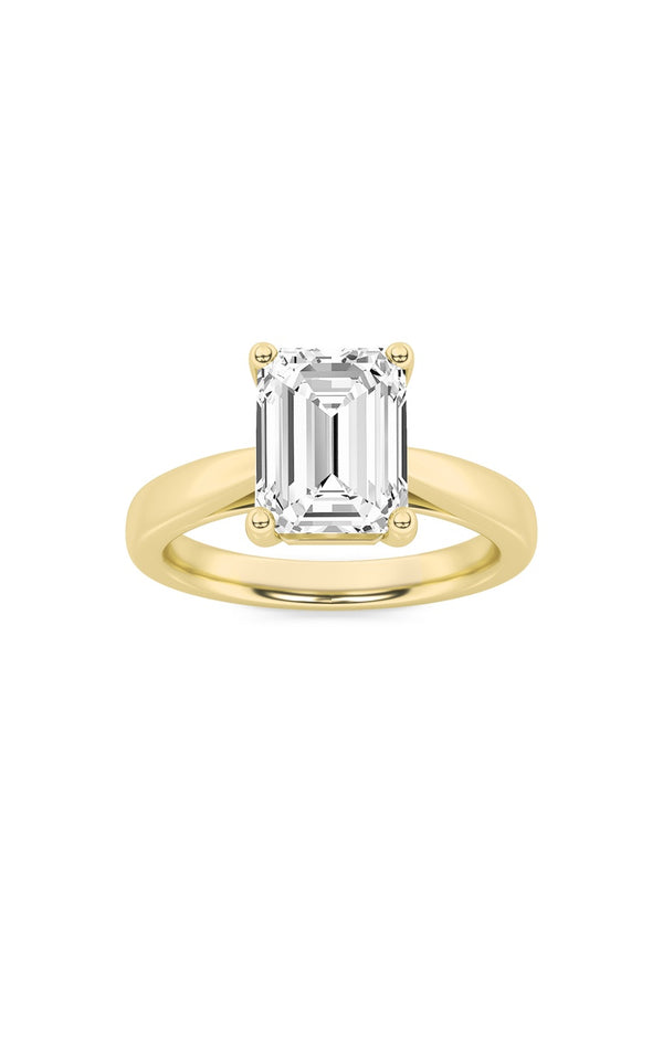 3Cttw Emerald Shaped Lab Grown Diamond (F/VS) Plain Cathedral Trellis Shank Solitaire Engagement Ring in 14K Gold