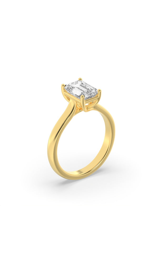 3Cttw Emerald Shaped Lab Grown Diamond (F/VS) Plain Cathedral Trellis Shank Solitaire Engagement Ring in 14K Gold