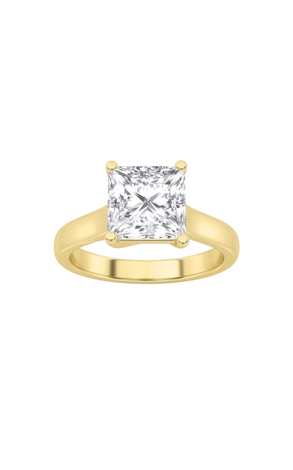 3Cttw Princess Shaped Lab Grown Diamond (F/VS) Plain Cathedral Trellis Shank Solitaire Engagement Ring in 14K Gold