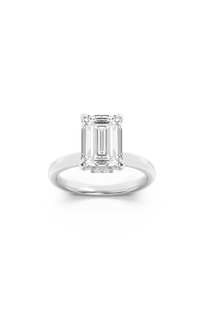 1Cttw Emerald Shaped Lab Grown Diamond (F/VS) Hidden Halo Plain Shank Engagement Ring in 14K Gold