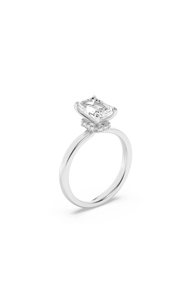 1Cttw Emerald Shaped Lab Grown Diamond (F/VS) Hidden Halo Plain Shank Engagement Ring in 14K Gold