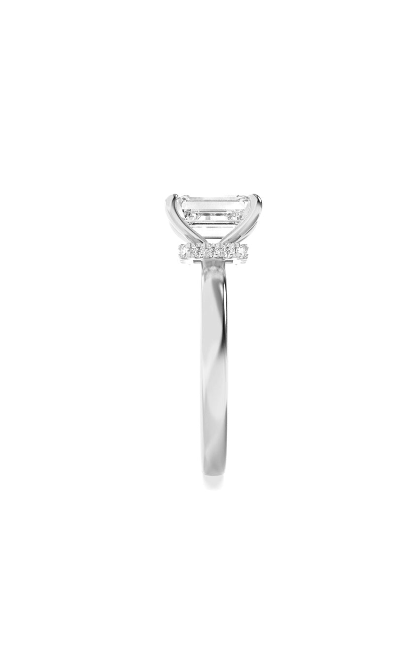 1Cttw Emerald Shaped Lab Grown Diamond (F/VS) Hidden Halo Plain Shank Engagement Ring in 14K Gold