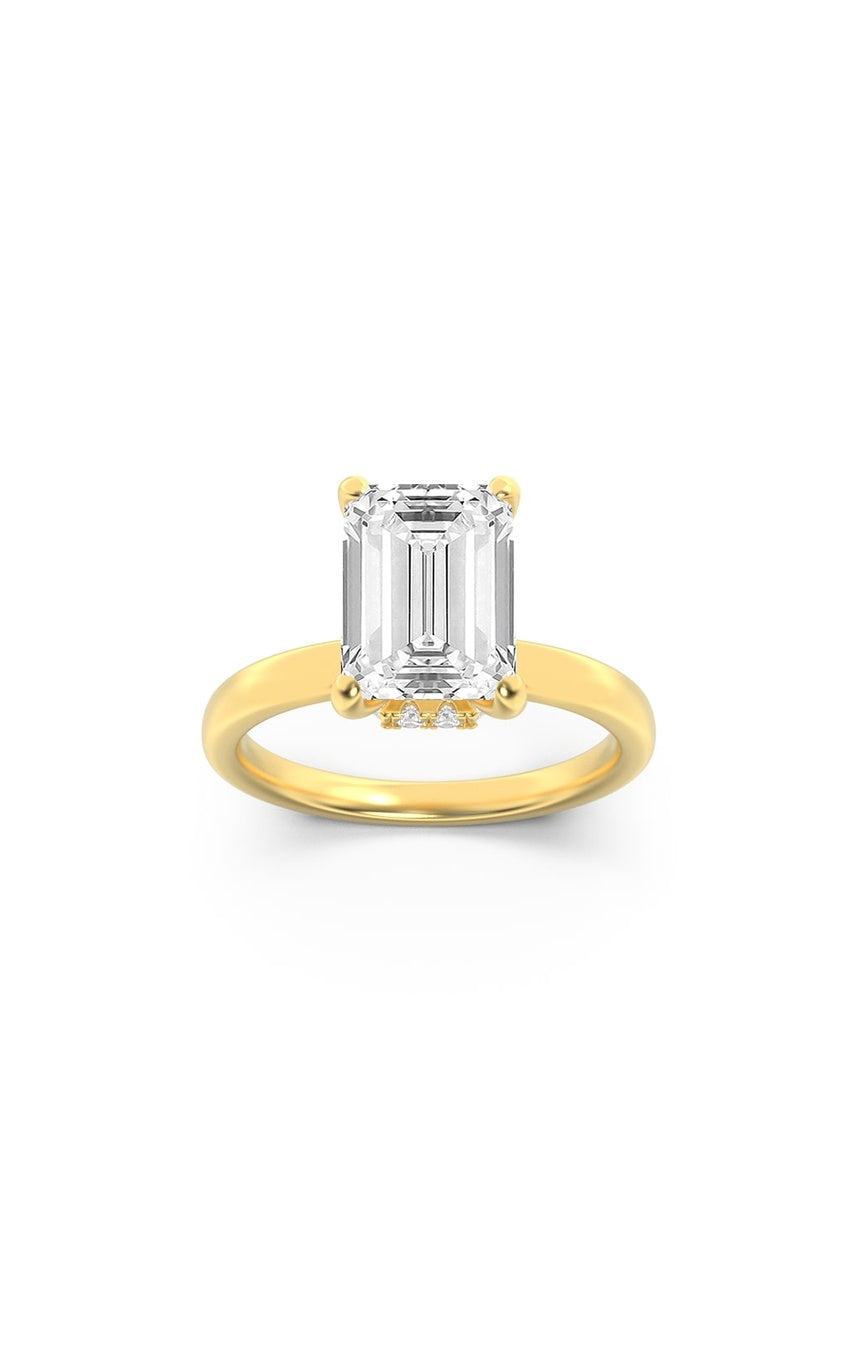 1Cttw Emerald Shaped Lab Grown Diamond (F/VS) Hidden Halo Plain Shank Engagement Ring in 14K Gold