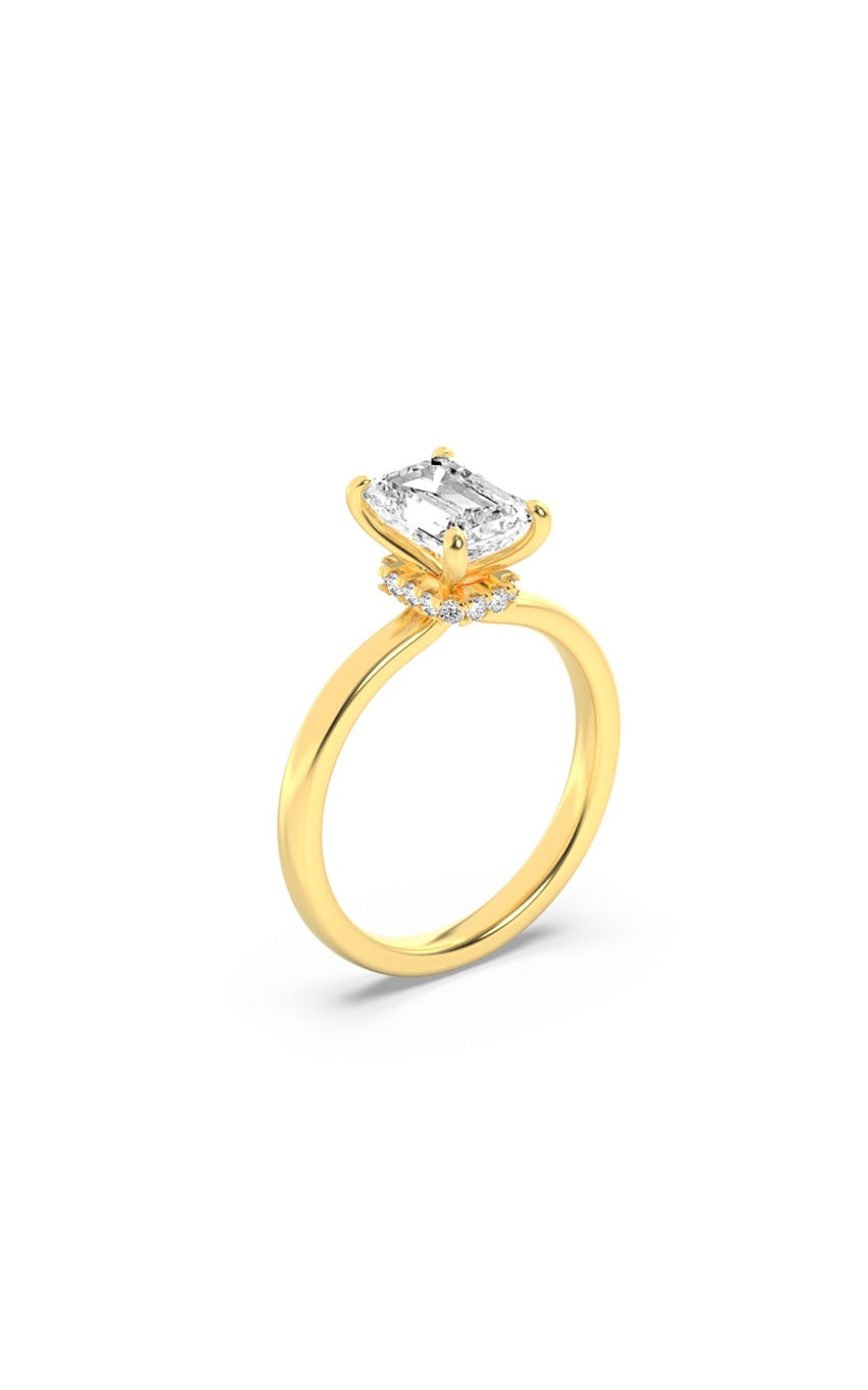 1Cttw Emerald Shaped Lab Grown Diamond (F/VS) Hidden Halo Plain Shank Engagement Ring in 14K Gold