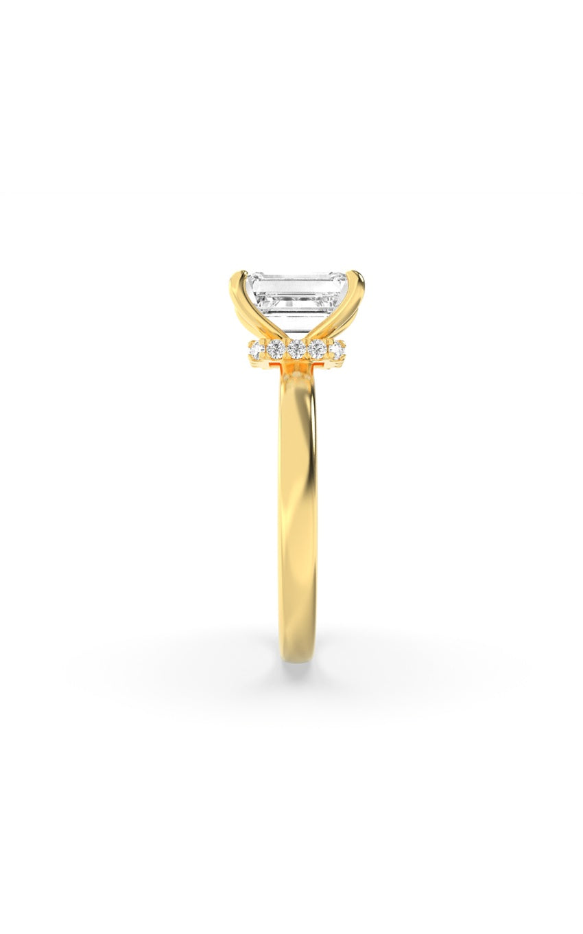 1Cttw Emerald Shaped Lab Grown Diamond (F/VS) Hidden Halo Plain Shank Engagement Ring in 14K Gold