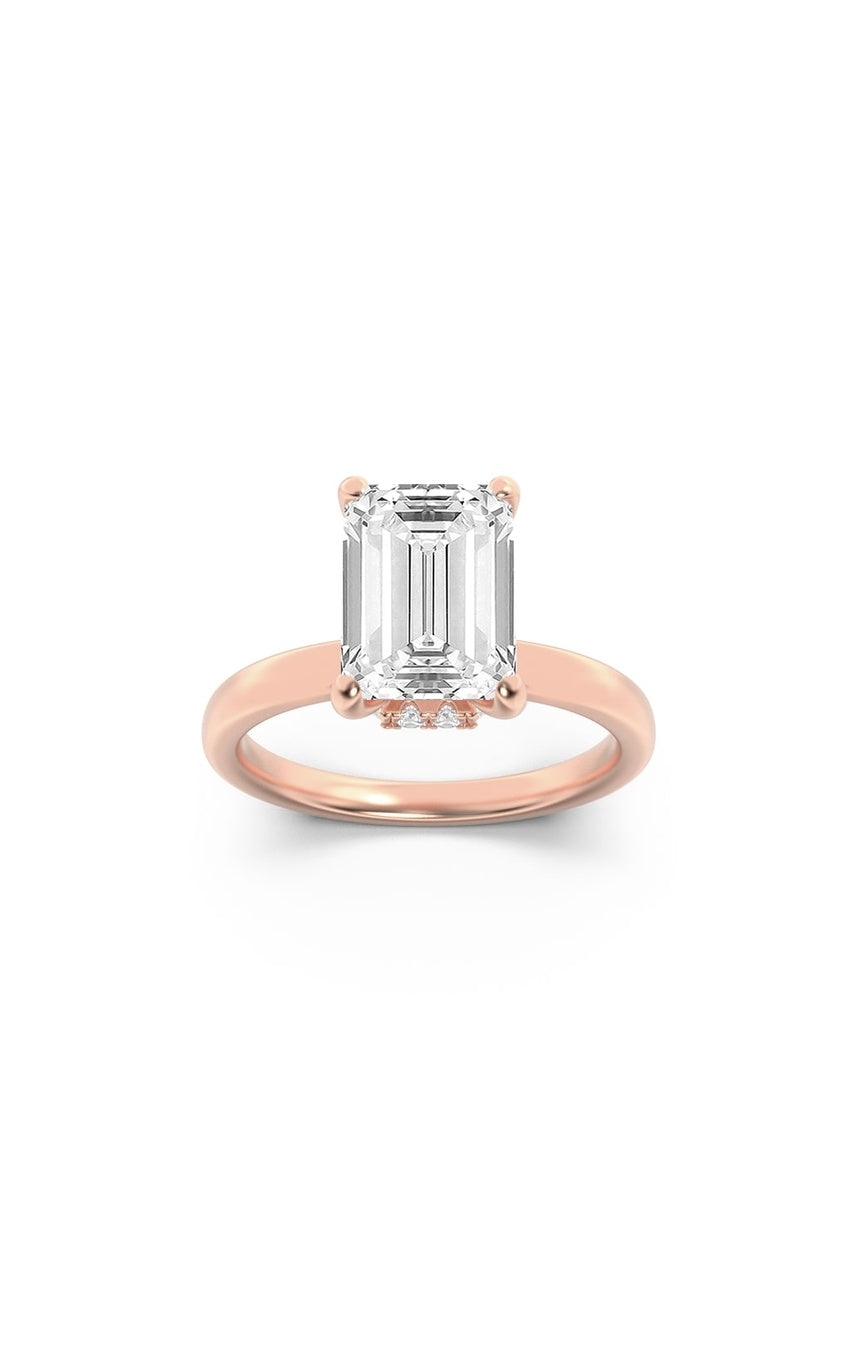 1Cttw Emerald Shaped Lab Grown Diamond (F/VS) Hidden Halo Plain Shank Engagement Ring in 14K Gold
