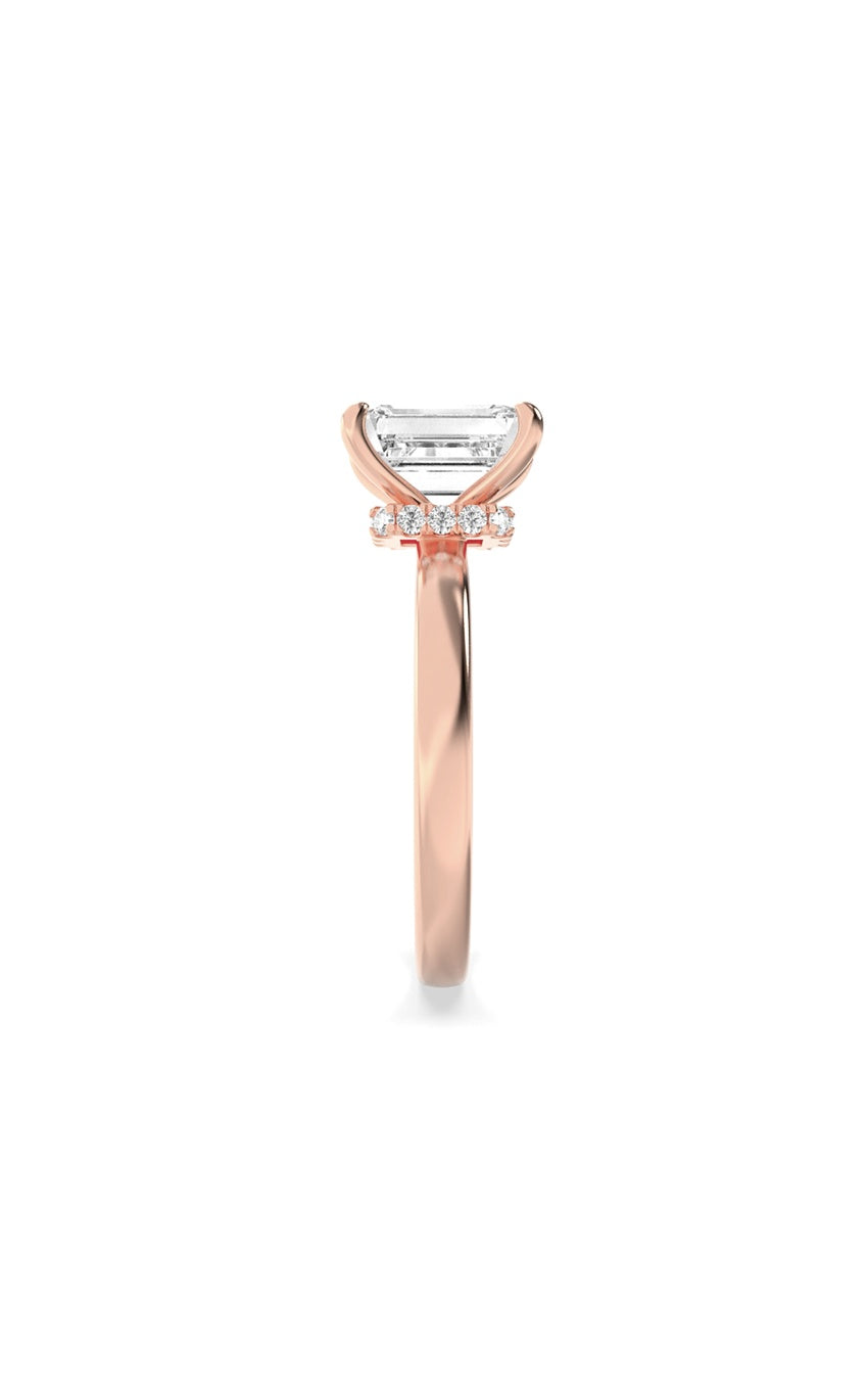 1Cttw Emerald Shaped Lab Grown Diamond (F/VS) Hidden Halo Plain Shank Engagement Ring in 14K Gold