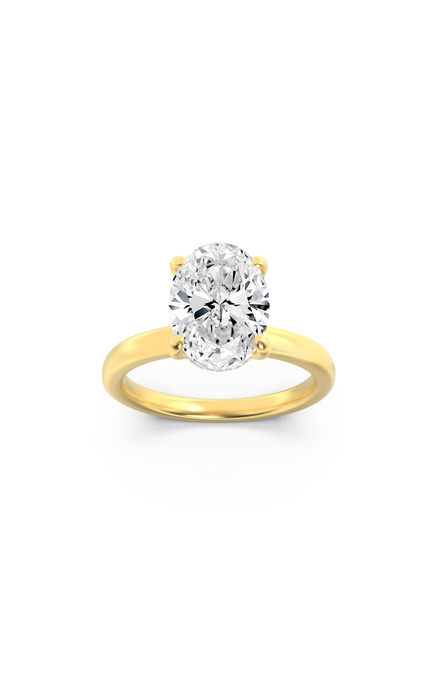 1Cttw Oval Shaped Lab Grown Diamond (F/VS) Hidden Halo Plain Shank Engagement Ring in 14K Gold