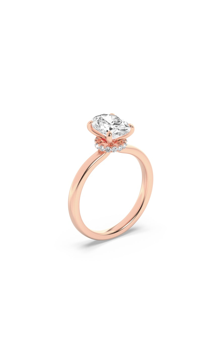 1Cttw Oval Shaped Lab Grown Diamond (F/VS) Hidden Halo Plain Shank Engagement Ring in 14K Gold