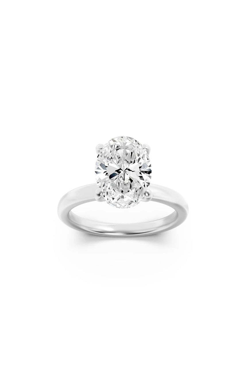 3Cttw Oval Shaped Lab Grown Diamond (F/VS) Hidden Halo Plain Shank Engagement Ring in 14K Gold