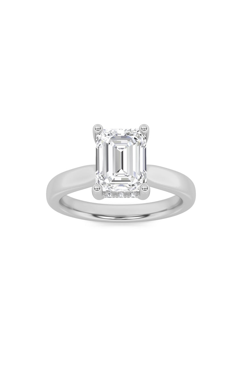1Cttw Emerald Shaped Lab Grown Diamond (F/VS) Hidden Halo Cathedral Shank Engagement Ring in 14K Gold