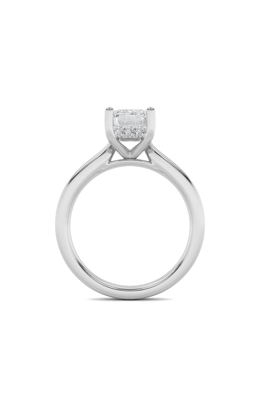 1Cttw Emerald Shaped Lab Grown Diamond (F/VS) Hidden Halo Cathedral Shank Engagement Ring in 14K Gold