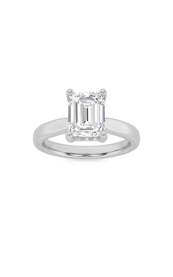 2Cttw Emerald Shaped Lab Grown Diamond (F/VS) Hidden Halo Cathedral Shank Engagement Ring in 14K Gold