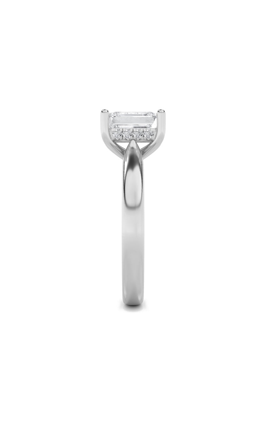 2Cttw Emerald Shaped Lab Grown Diamond (F/VS) Hidden Halo Cathedral Shank Engagement Ring in 14K Gold