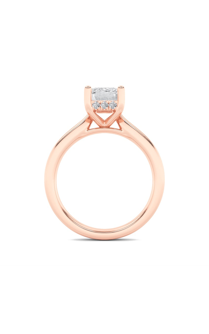 2Cttw Emerald Shaped Lab Grown Diamond (F/VS) Hidden Halo Cathedral Shank Engagement Ring in 14K Gold