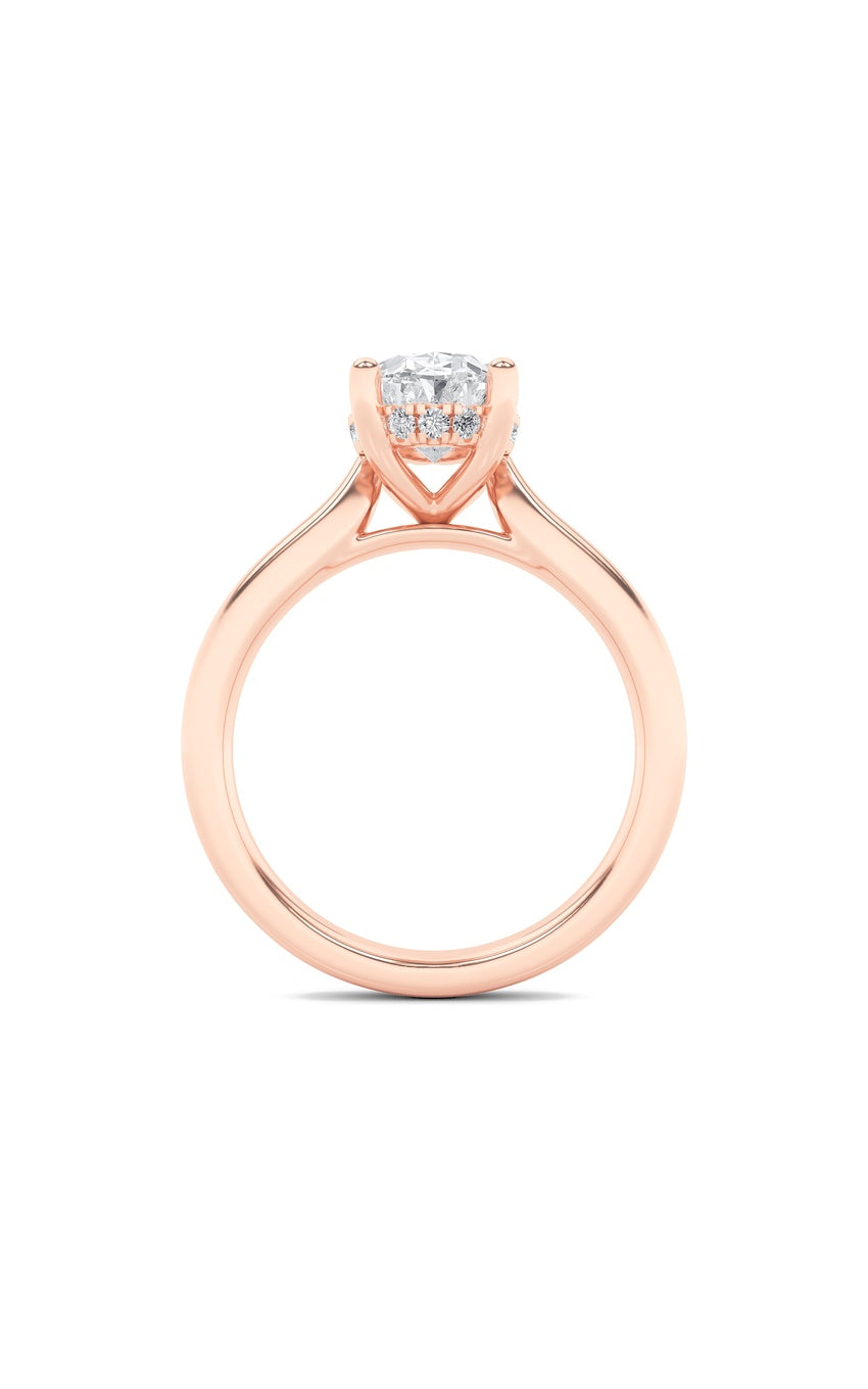 1Cttw Oval Shaped Lab Grown Diamond (F/VS) Hidden Halo Cathedral Shank Engagement Ring in 14K Gold