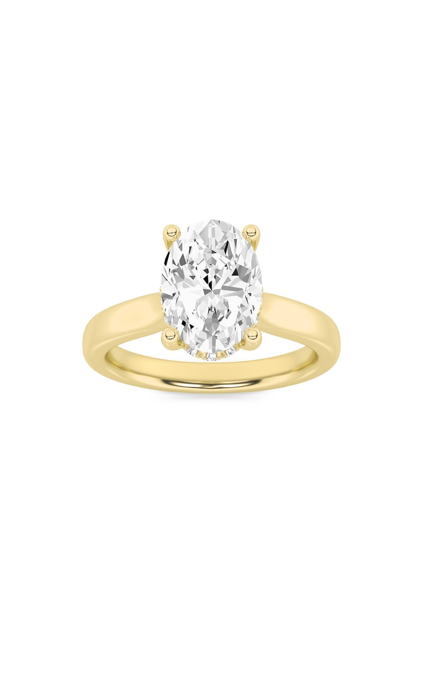 2Cttw Oval Shaped Lab Grown Diamond (F/VS) Hidden Halo Cathedral Shank Engagement Ring in 14K Gold